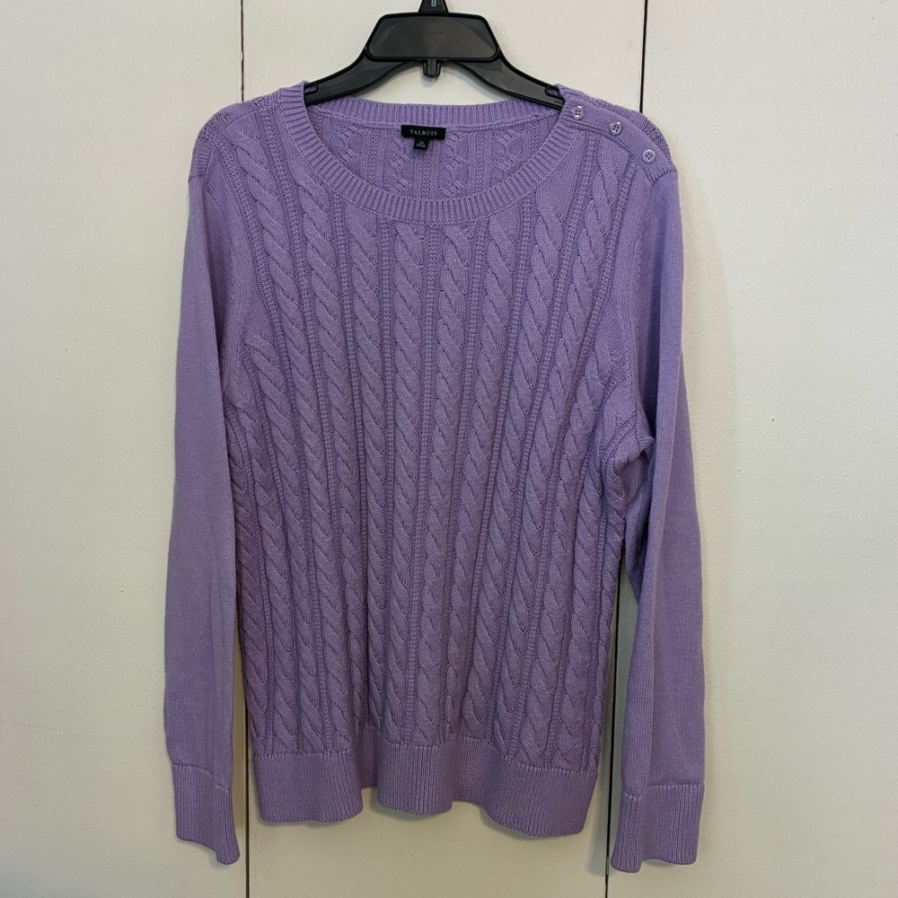 Talbots Lavender Cotton Cable Knit Crewneck Sweater - Picture 2 of 7
